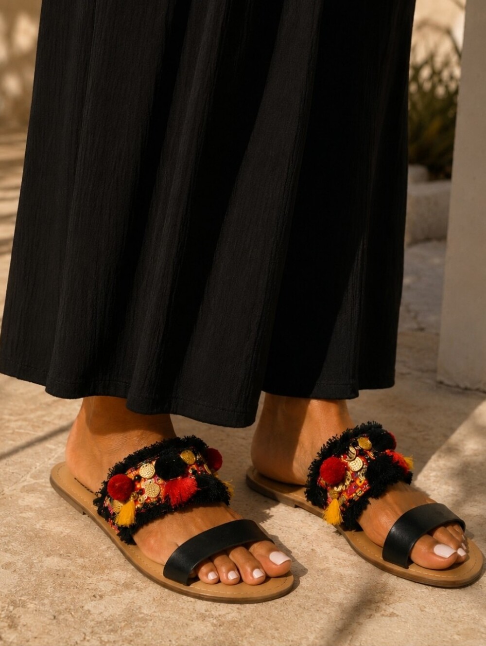 Long Tall Sally Summer Sandals Pom Poms INDIA EUC